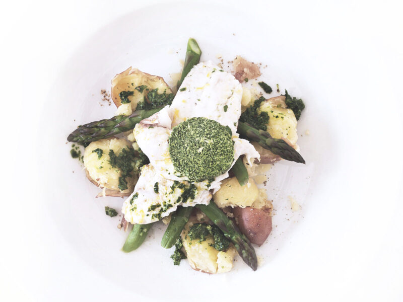 Chicken with stuffed asparagus, asparagus sauce, and grilled potatoes