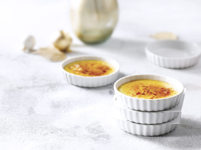 Dessert consisting of a rich custard base topped with a contrasting layer of hard caramel